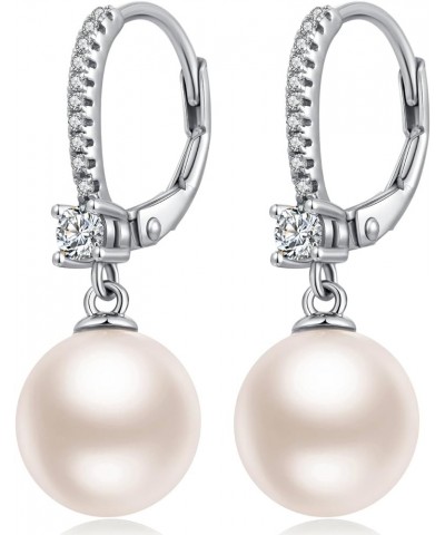 925 Sterling Silver Pearl Leverback Earrings for Women Cubic Zirconia Diamond Pearl Dangle Drop Earrings, 18K White Gold Plat...