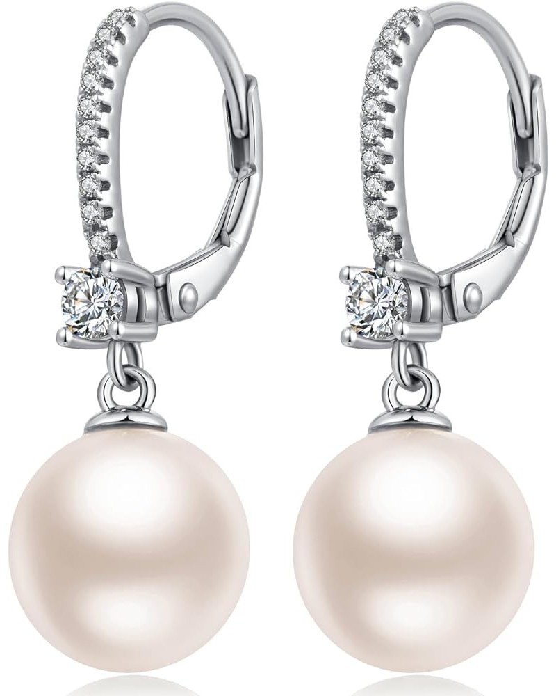 925 Sterling Silver Pearl Leverback Earrings for Women Cubic Zirconia Diamond Pearl Dangle Drop Earrings, 18K White Gold Plat...