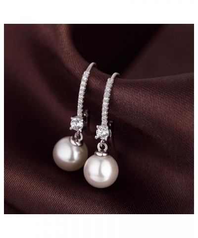 925 Sterling Silver Pearl Leverback Earrings for Women Cubic Zirconia Diamond Pearl Dangle Drop Earrings, 18K White Gold Plat...