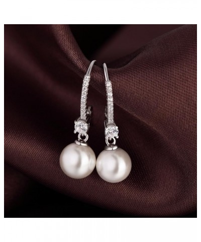 925 Sterling Silver Pearl Leverback Earrings for Women Cubic Zirconia Diamond Pearl Dangle Drop Earrings, 18K White Gold Plat...