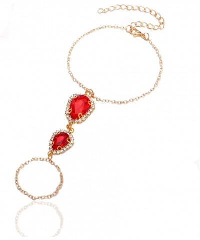 Rhinestone Finger Ring Hand Bracelets Gold Hand Jewelry Crystal Hand Chain for Women and Girls Red $9.85 Bracelets