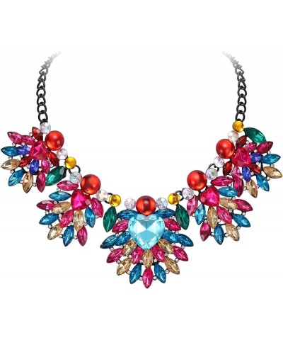 Rhinestone Crystal Flower Costume Bib Chunky Collar Necklace for Women, Vintage Boho Enamel Floral Leaf Statement Necklace fo...