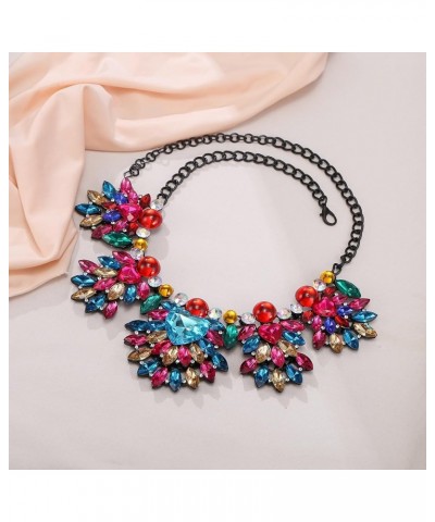 Rhinestone Crystal Flower Costume Bib Chunky Collar Necklace for Women, Vintage Boho Enamel Floral Leaf Statement Necklace fo...