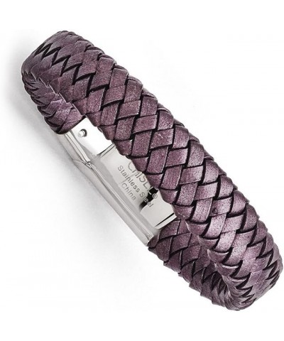 Stainless Steel Polished Metallic Purple Woven Leather Bracelet $30.79 Bracelets