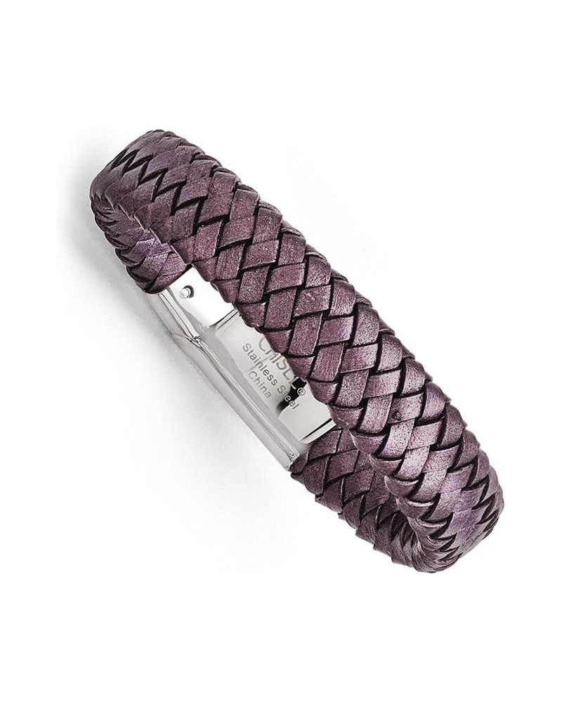 Stainless Steel Polished Metallic Purple Woven Leather Bracelet $30.79 Bracelets