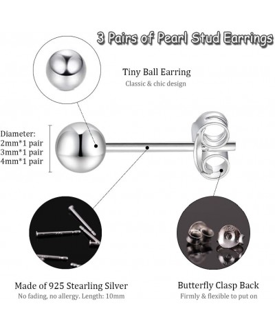 Sterling Silver Stud Earrings for Women Girls- 3 Pairs Tiny Ball Stud Earrings Round CZ Cubic Zirconia Earrings Pearl Earring...