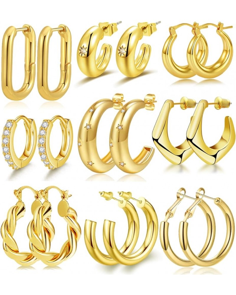 8-10 Pairs Delicate Gold Silver Hoop Earrings Set for Women, 14K Gold Plated Lightweight Hypoallergenic Thick Open Twisted Hu...