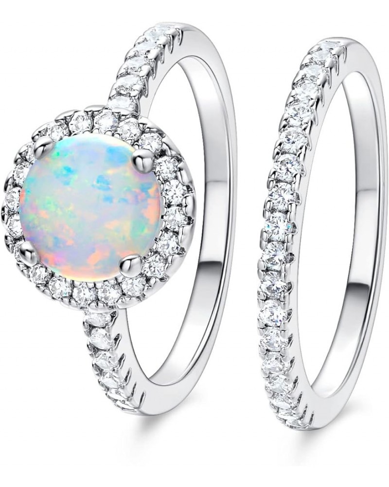 Opal Engagement Halo Ring for Women Created Opal Cubic Zirconia 2 in 1 Rings Set 18k White Gold Plated Round CZ Promise Ring ...