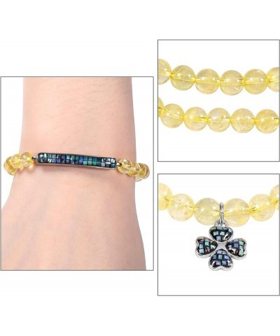 Natural 6mm Stone Beads Bracelet for Women Men, Abalone Shell Bar Curved with Four-Leaf Charm Bracelet for Unisex yellow $10....