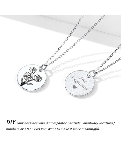 Women Birth Month Flower Necklace 925 Sterling Silver Dainty Engraved Floral Disc Coin Pendant Personalized Jewelry, Silver/G...