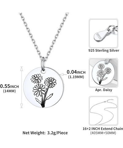 Women Birth Month Flower Necklace 925 Sterling Silver Dainty Engraved Floral Disc Coin Pendant Personalized Jewelry, Silver/G...