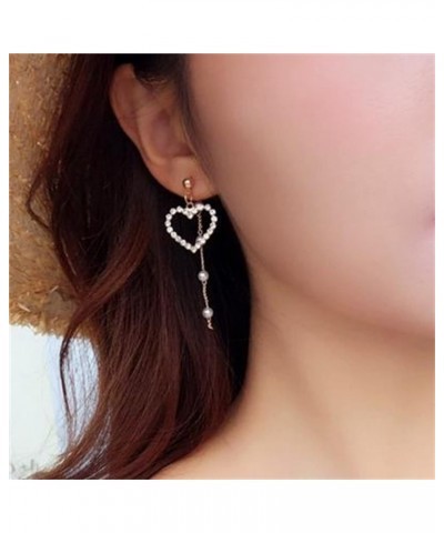 Asymmetric Heart Tassel Earrings for Women Girls Chic Crystal Encrusted Pearl Tassel Earrings Long Hollow Full Diamond Love H...