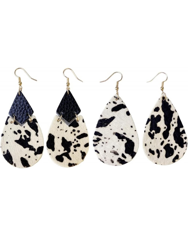 Set Leather Teardrop Star Round Layered Geometric Hook Drop Dangle Earrings Handmade Lightweight Floral Cow Print Earrings fo...