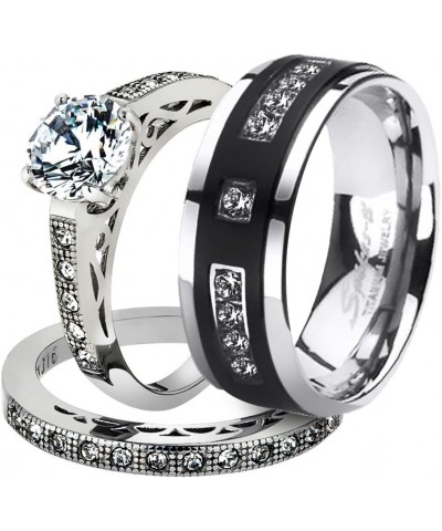 His and Her Stainless Steel 1.39 Carat Cubic Zirconia Bridal Set and Men's Titanium Wedding Band Women's Size 05 Men's Size 1...