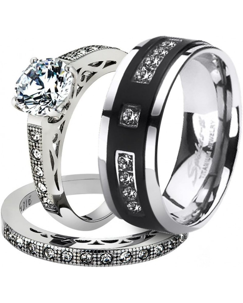 His and Her Stainless Steel 1.39 Carat Cubic Zirconia Bridal Set and Men's Titanium Wedding Band Women's Size 05 Men's Size 1...