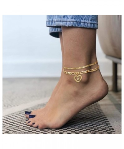 Initial Ankle Bracelets for Women 14K Gold Plated Layered Figaro Chain Letter Initial Anklets Handmade Layered Heart Ankle Br...