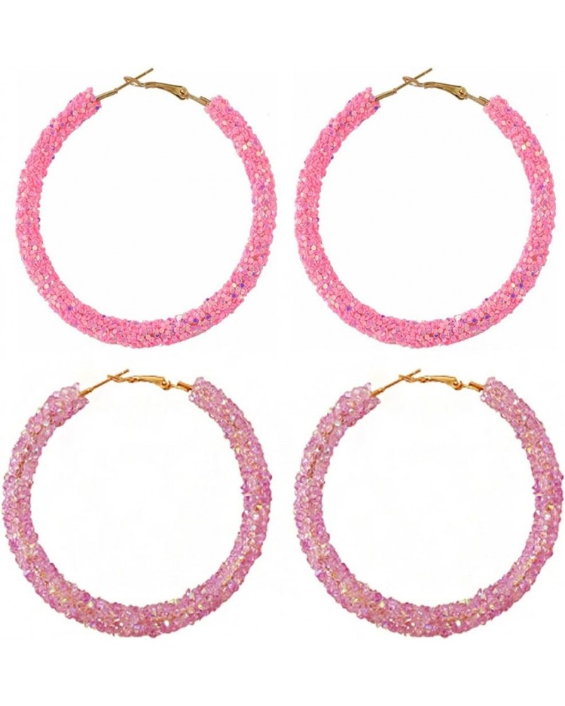 2 Pairs Glitter Sequins Hoop Earrings for Women Bohemian Circle Round Sparkle Rhinestone Crystal Wrapped Big Hoop Dangle Earr...