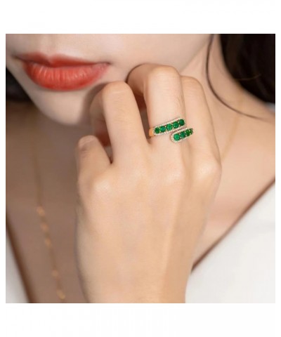 14K Gold Plated Green Crystal Adjustable Open Ring CZ Simulated Emerald Stacking Statement Wrap Finger Bands Rings Sparkling ...