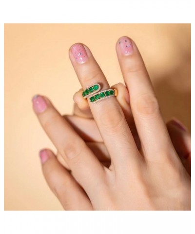 14K Gold Plated Green Crystal Adjustable Open Ring CZ Simulated Emerald Stacking Statement Wrap Finger Bands Rings Sparkling ...