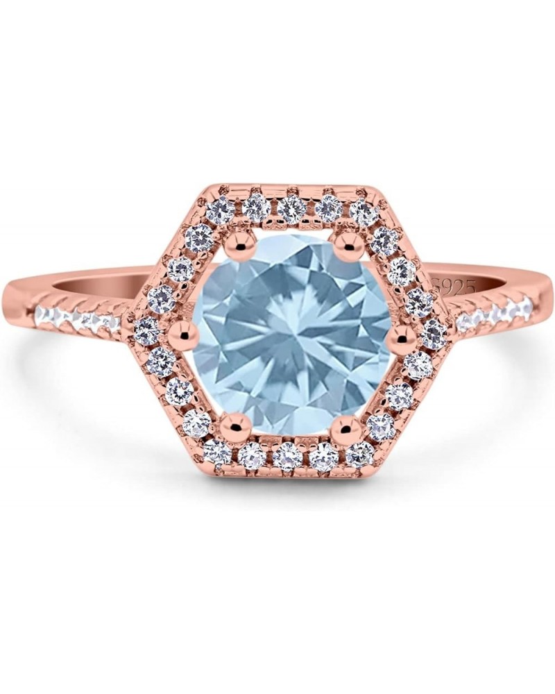 Art Deco Hexagon Wedding Bridal Ring Round Simulated Cubic Zirconia 925 Sterling Silver Rose Tone, Simulated Aquamarine CZ $1...