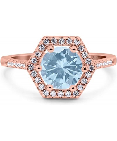 Art Deco Hexagon Wedding Bridal Ring Round Simulated Cubic Zirconia 925 Sterling Silver Rose Tone, Simulated Aquamarine CZ $1...