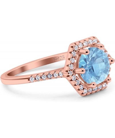 Art Deco Hexagon Wedding Bridal Ring Round Simulated Cubic Zirconia 925 Sterling Silver Rose Tone, Simulated Aquamarine CZ $1...