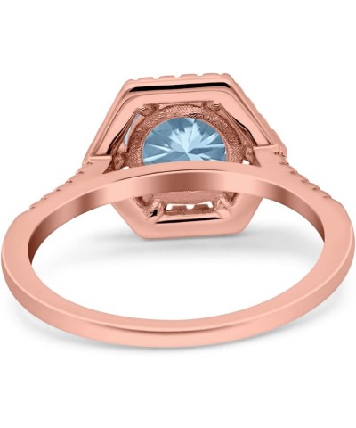 Art Deco Hexagon Wedding Bridal Ring Round Simulated Cubic Zirconia 925 Sterling Silver Rose Tone, Simulated Aquamarine CZ $1...