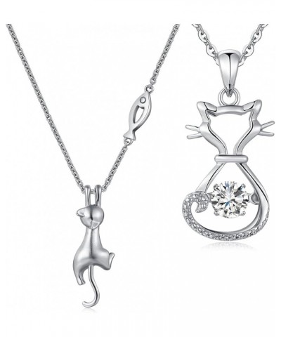 18K White Gold Plated Diamond Cat Necklace 925 Sterling Silver Simulated Diamond Necklace CZ Heart Necklace Mother and Child ...