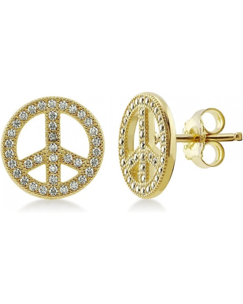 Sterling Silver Peace Sign Cubic Zirconia CZ Fashion Stud Earrings for Women Yellow Gold Flashed $23.39 Earrings