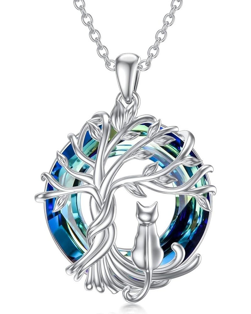 Cat Gifts for Cat Lovers Sterling Silver Cute Cat Tree of Life Pendant Necklace with Blue Circle Crystal Birthday Christmas J...