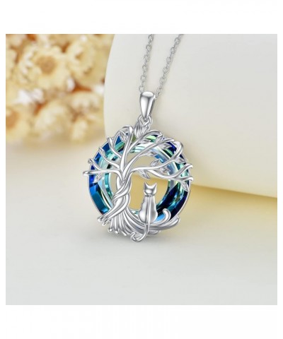 Cat Gifts for Cat Lovers Sterling Silver Cute Cat Tree of Life Pendant Necklace with Blue Circle Crystal Birthday Christmas J...