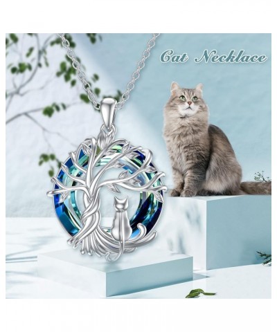 Cat Gifts for Cat Lovers Sterling Silver Cute Cat Tree of Life Pendant Necklace with Blue Circle Crystal Birthday Christmas J...