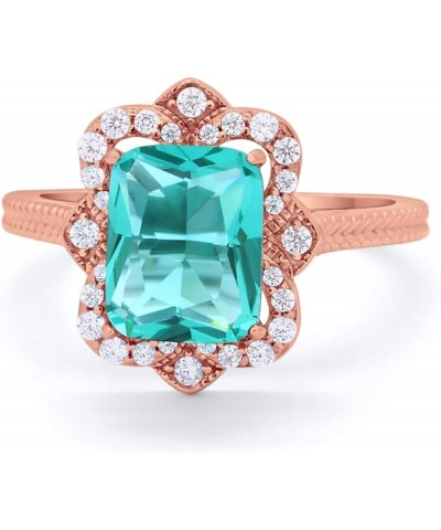 Halo Art Deco Emerald Cut Engagement Bridal Ring Round CZ 925 Sterling Silver Rose Tone, Simulated Paraiba Tourmaline CZ $16....