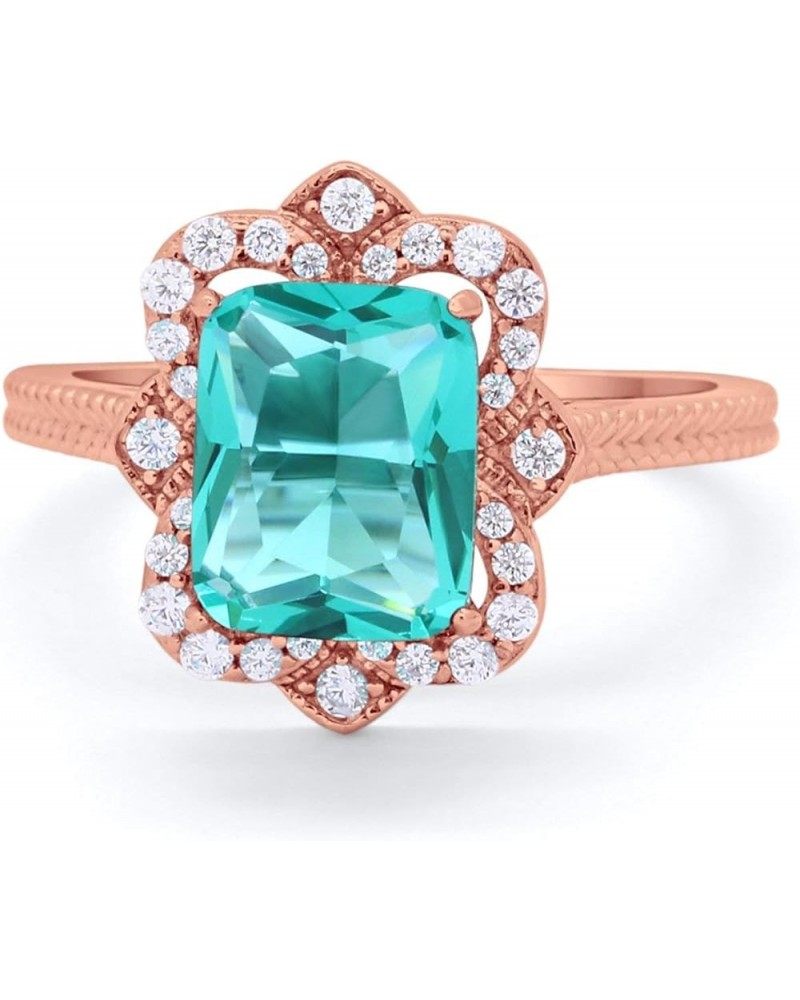 Halo Art Deco Emerald Cut Engagement Bridal Ring Round CZ 925 Sterling Silver Rose Tone, Simulated Paraiba Tourmaline CZ $16....