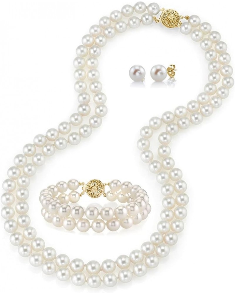 14K Gold Round White Freshwater Cultured Pearl Double Strand Necklace, Bracelet & Earrings Set in 16" Choker Length for Women...