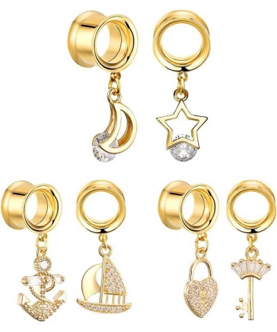 3 Pairs Gold Dangle Charms Stars Moon Animal Styles Screw Ears Tunnels Gauges Crystal Earrings Expanders Piercing Jewelry Fas...