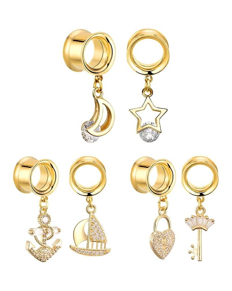 3 Pairs Gold Dangle Charms Stars Moon Animal Styles Screw Ears Tunnels Gauges Crystal Earrings Expanders Piercing Jewelry Fas...