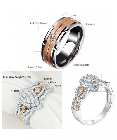 Newshe Wedding Rings Set for Him and Her Women Mens Tungsten Bands Sterling Silver Cz Rose Gold 5-13 Men's Size 10 & Women's ...