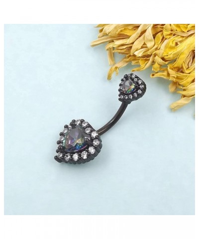 Belly Rings 316L Surgical SS PVD Plated Multicolor Heart CZ Navel Piercing Shiny Belly Button Rings Black plated Black Rainbo...