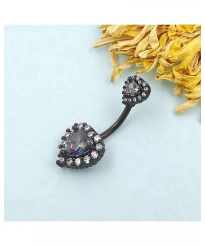 Belly Rings 316L Surgical SS PVD Plated Multicolor Heart CZ Navel Piercing Shiny Belly Button Rings Black plated Black Rainbo...