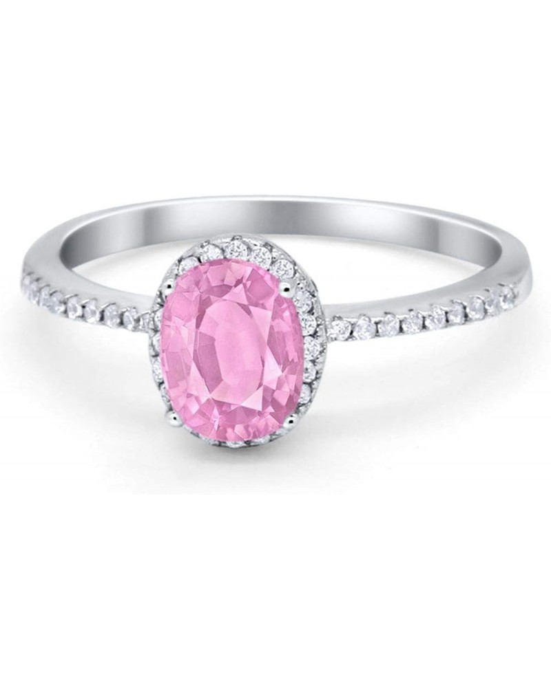 Halo Fashion Ring Simulated Oval Blue Sapphire Round CZ Accent 925 Sterling Silver Choose Color Simulated Pink CZ $11.34 Rings