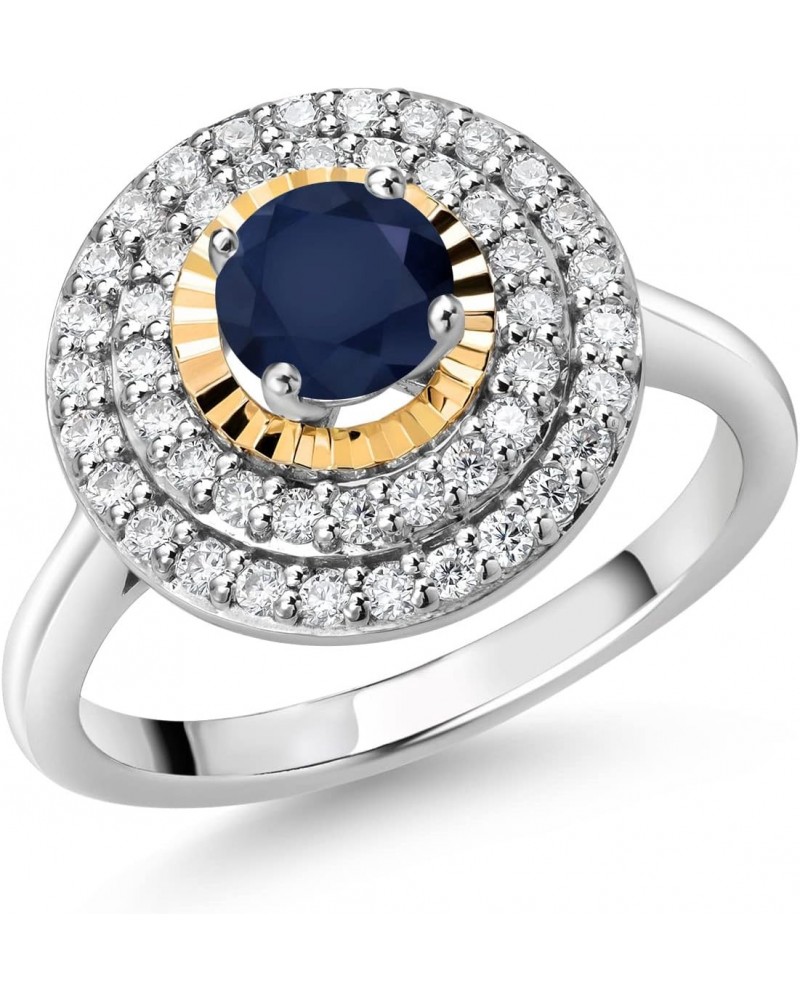 925 Sterling Silver and 10K Yellow Gold Round Blue Sapphire and White Moissanite Ring For Women (0.97 Cttw, Gemstone Birthsto...