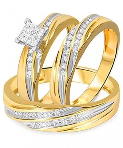 Princess D/VVS1 Diamond 14K Two-Tone Gold Plated 925 Sterling Silver Bridal Wedding Trio Ring Set for Him & Her Women Size 9 ...