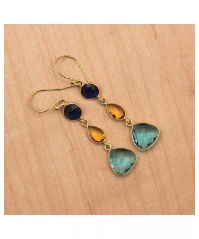 Designer Multi Gemstone Earring | Gold Plated Hook Dangle Drop Earrings | Handmade Bezel Set Pair | Fashion Jewelry Gift For ...