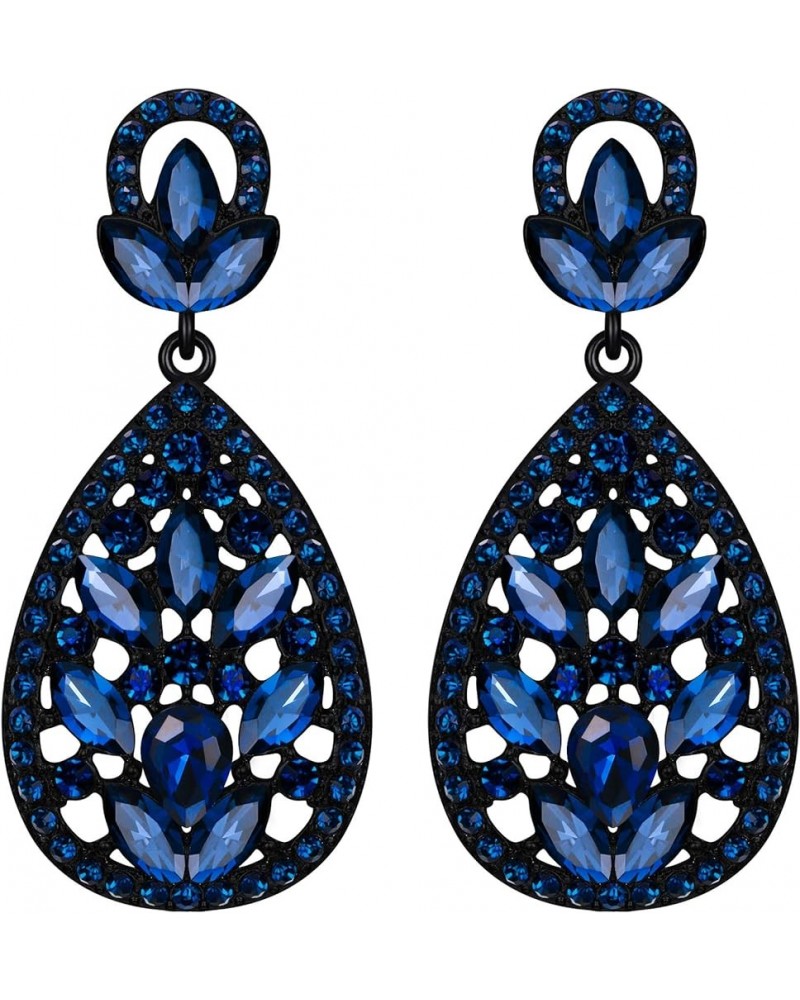 Women's Wedding Bridal Austrian Crystal Bohemia Teardrop Chandelier Dangle Earrings 08-Sapphire Black-Tone $10.99 Earrings