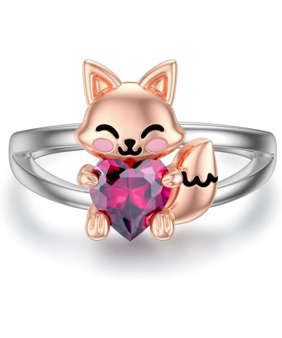 925 Sterling Silver Fox Ring Cute Fox Holding Birthstone Heart Band Ring for Women July $15.64 Rings