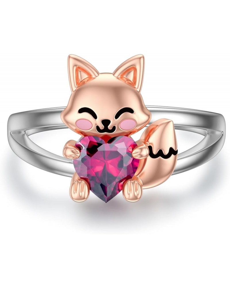 925 Sterling Silver Fox Ring Cute Fox Holding Birthstone Heart Band Ring for Women July $15.64 Rings