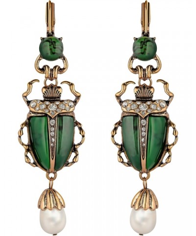 Green Scarab Earrings, Unique Egyptian Art Deco Revival Dangle Earrings with Dangling Freshwater Pearl Drop, Vintage Costume ...