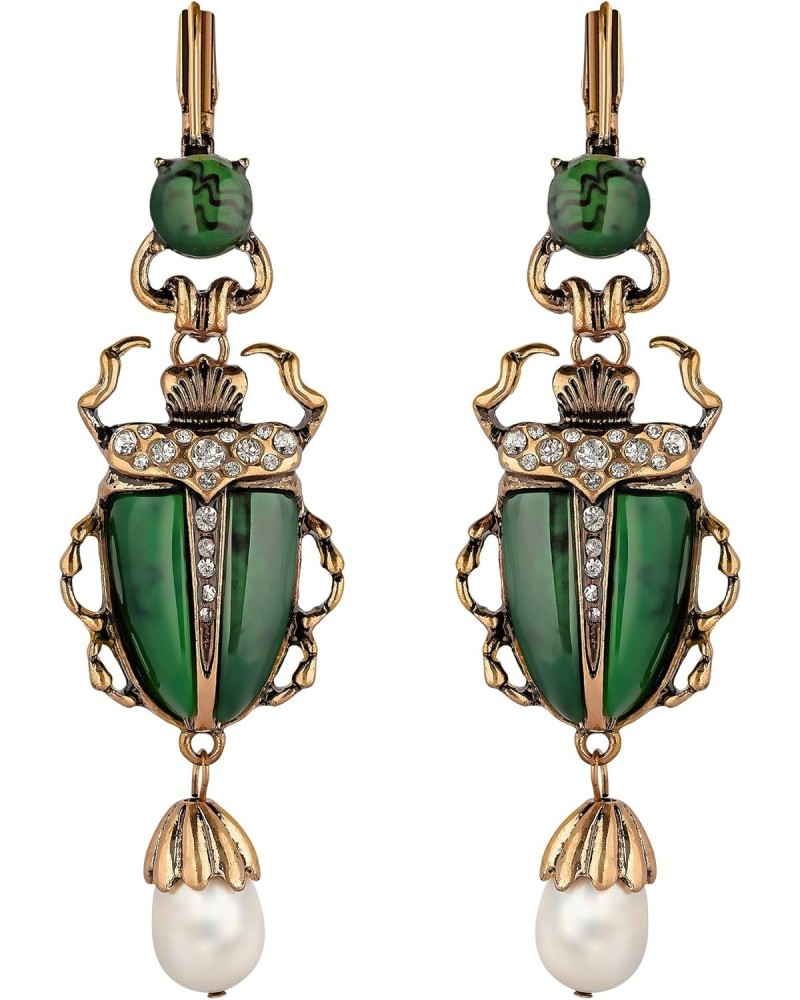 Green Scarab Earrings, Unique Egyptian Art Deco Revival Dangle Earrings with Dangling Freshwater Pearl Drop, Vintage Costume ...