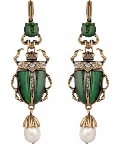 Green Scarab Earrings, Unique Egyptian Art Deco Revival Dangle Earrings with Dangling Freshwater Pearl Drop, Vintage Costume ...